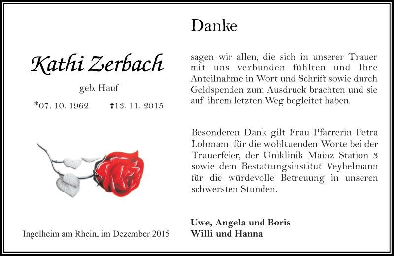  Traueranzeige für Kathi Zerbach vom 05.12.2015 aus  Allgemeine  Zeitung Ingelheim-Bingen