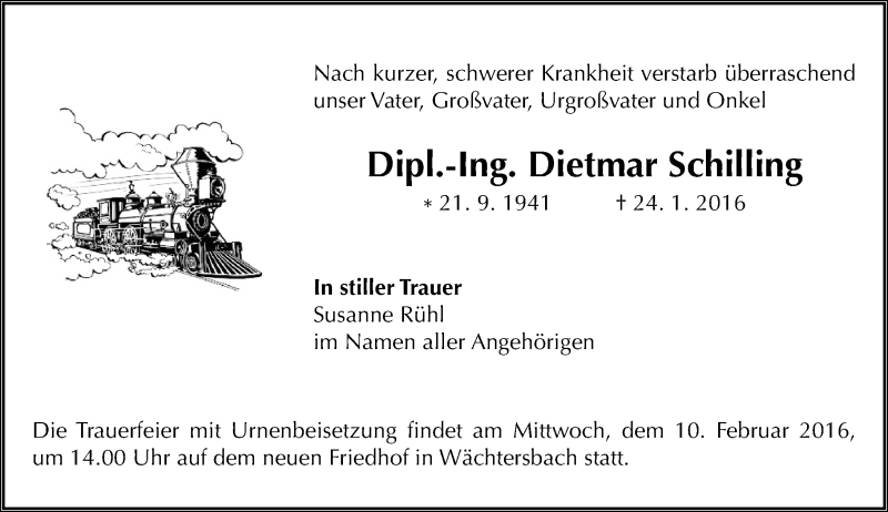  Traueranzeige für Dietmar Schilling vom 06.02.2016 aus  GT am Sonntag
