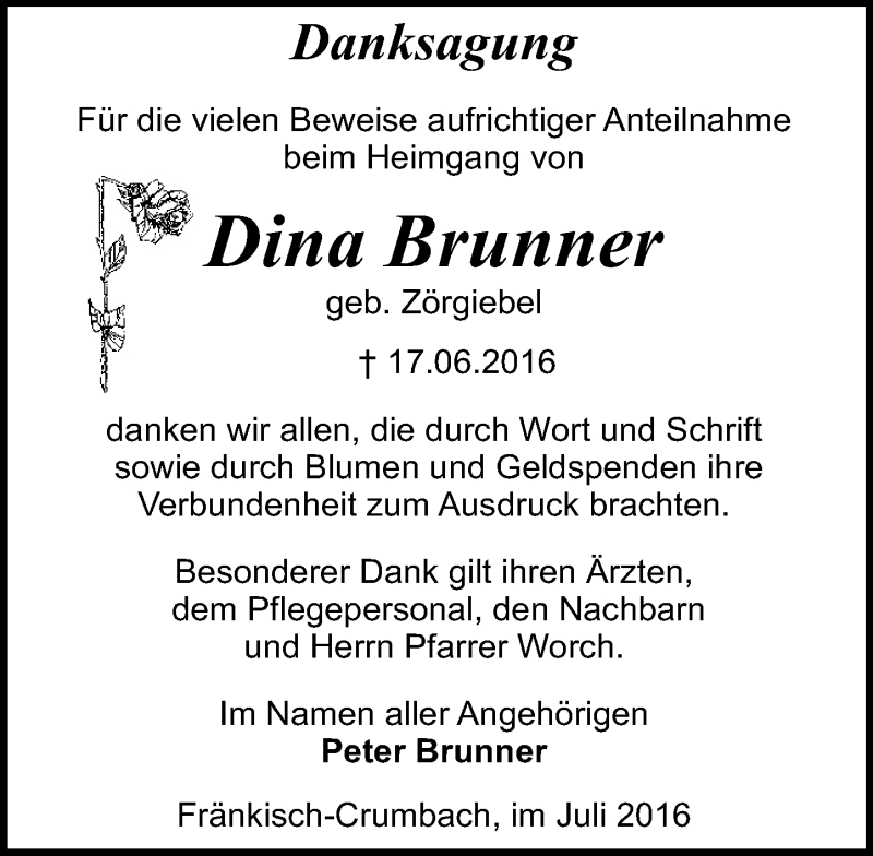  Traueranzeige für Dina Brunner vom 23.07.2016 aus Trauerportal Echo Online