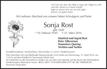 Traueranzeige von Sonja Rost von  Wiesbaden komplett