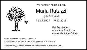 Traueranzeige von Maria Ratazzi von  Allgemeine Zeitung Mainz