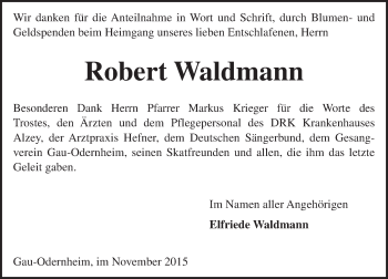 Traueranzeige von Robert Waldmann von  Allgemeine Zeitung Alzey
