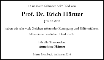 Traueranzeige von Erich Härtter von  Allgemeine Zeitung Mainz