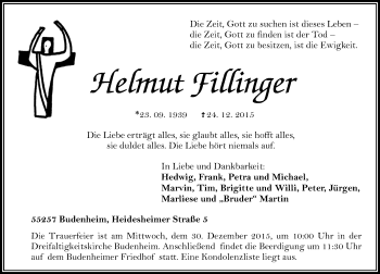 Traueranzeige von Helmut Fillinger von  Allgemeine Zeitung Mainz