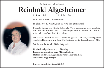 Traueranzeige von Reinhold Algesheimer von Trauerportal Rhein Main Presse