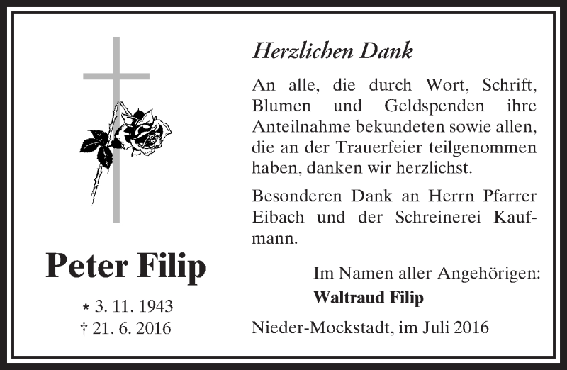  Traueranzeige für Peter Filip vom 23.07.2016 aus  Sonntags Anzeiger