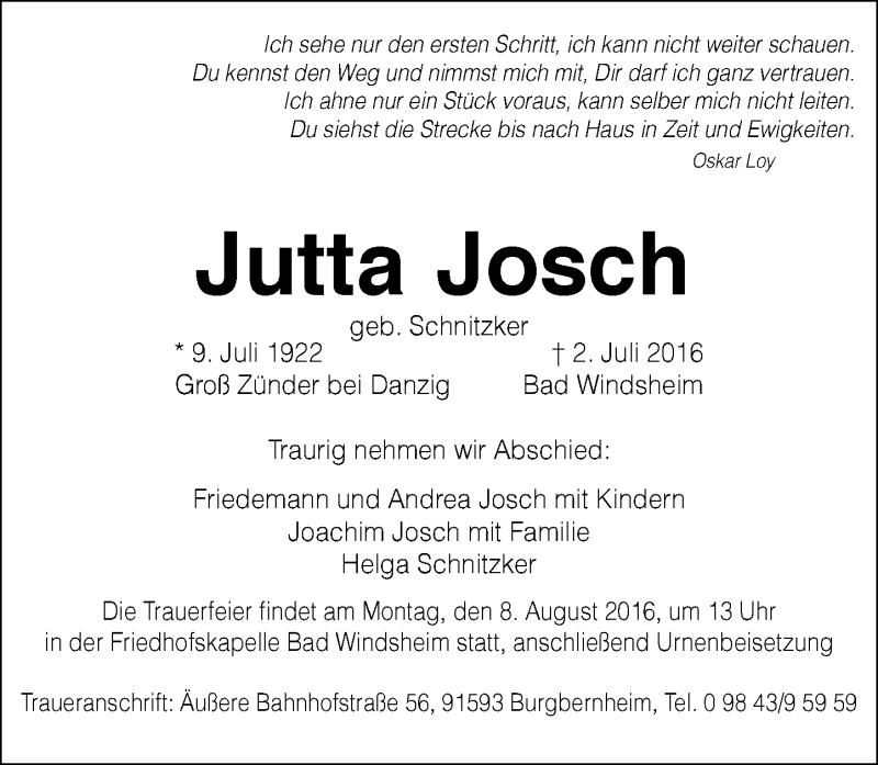  Traueranzeige für Jutta Josch vom 30.07.2016 aus Trauerportal Rhein Main Presse