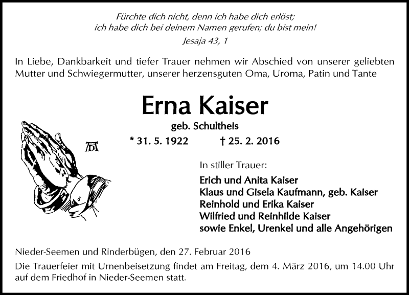  Traueranzeige für Erna Kaiser vom 27.02.2016 aus  Kreisanzeiger