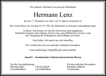 Traueranzeige von Hermann Lenz von trauer.rmp.de