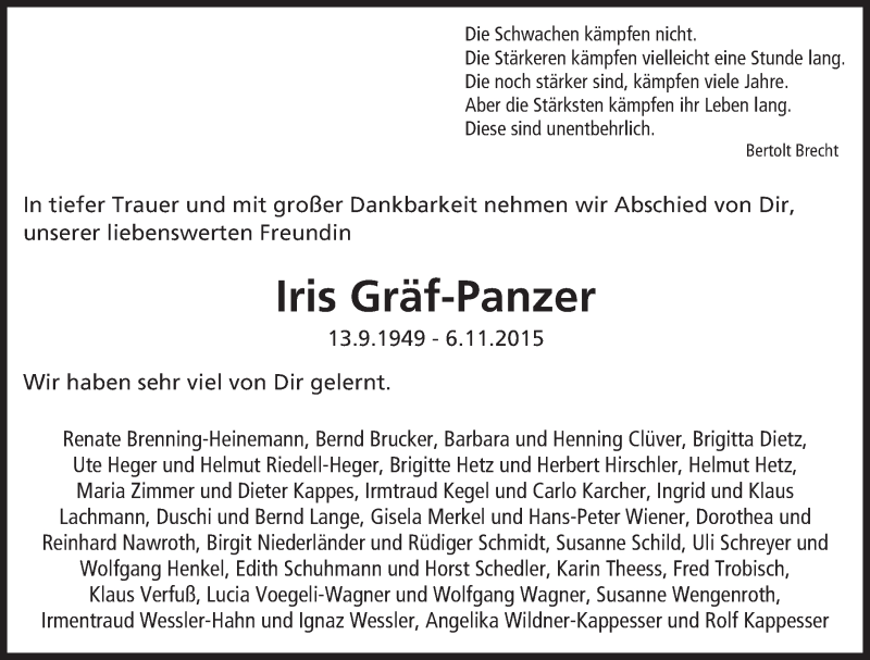  Traueranzeige für Iris Gräf-Panzer vom 14.11.2015 aus  Wiesbaden komplett