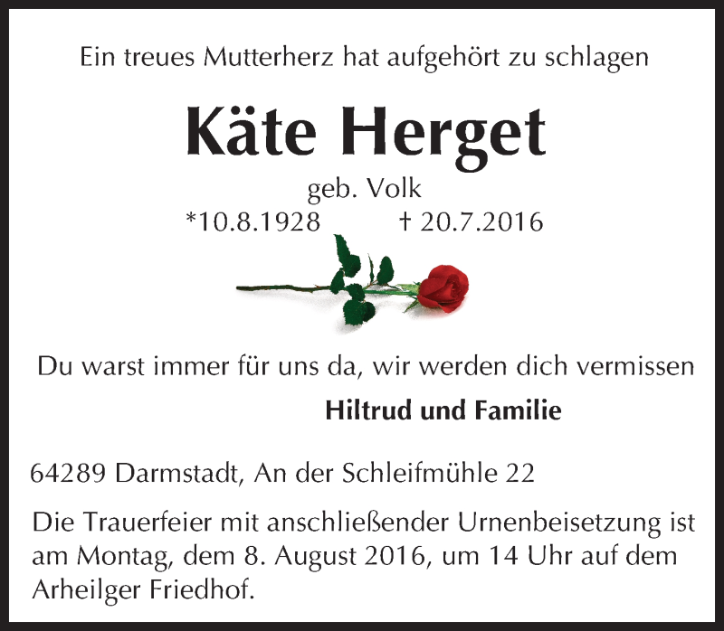  Traueranzeige für Käte Herget vom 30.07.2016 aus Trauerportal Echo Online