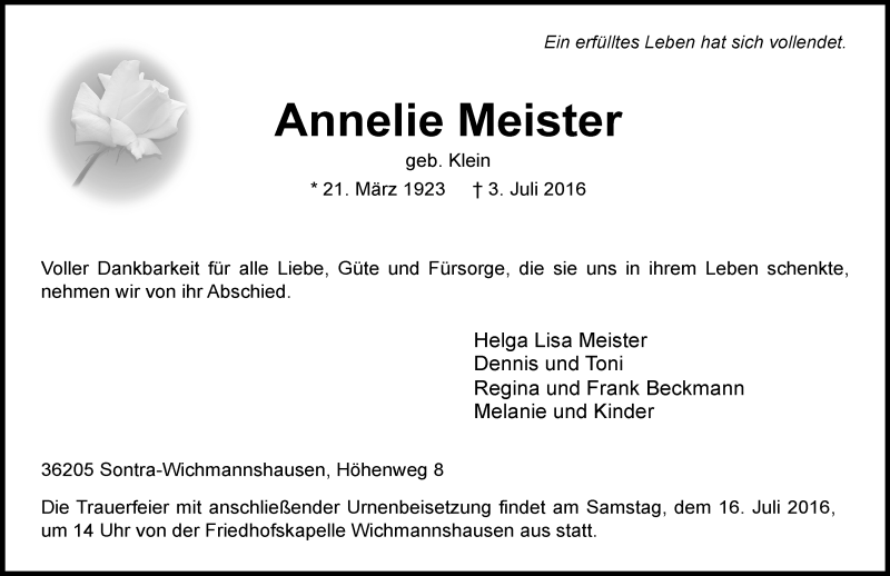  Traueranzeige für Annelie Meister vom 13.07.2016 aus Trauerportal Echo Online