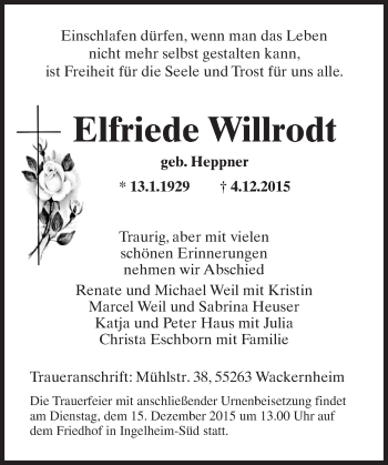 Traueranzeige von Elfriede Willrodt von  Allgemeine  Zeitung Ingelheim-Bingen
