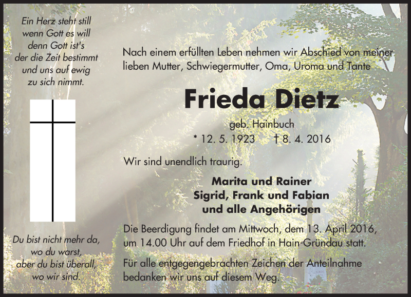  Traueranzeige für Frieda Dietz vom 12.04.2016 aus  Gelnhäuser Tageblatt