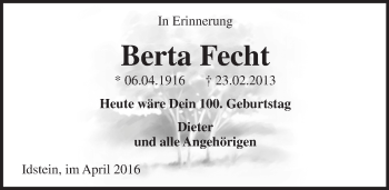 Traueranzeige von Berta Fecht von  Idsteiner Zeitung