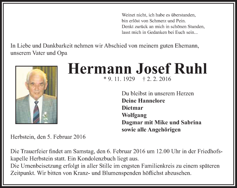  Traueranzeige für Hermann Josef Ruhl vom 05.02.2016 aus VRM Trauer