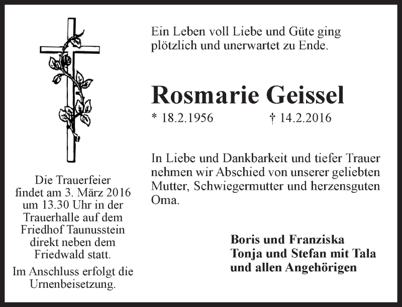  Traueranzeige für Rosmarie Geissel vom 01.03.2016 aus  Mainspitze