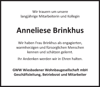 Traueranzeige von Anneliese Brinkhus von  Wiesbaden komplett