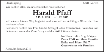 Traueranzeige von Harald Pfaff von  Allgemeine Zeitung Alzey