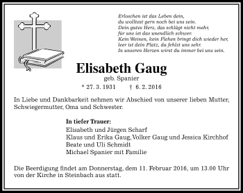 Traueranzeige von Elisabeth Gaug von  Gießener Anzeiger
