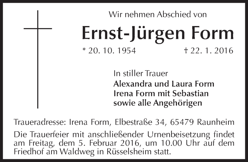  Traueranzeige für Ernst-Jürgen Form vom 30.01.2016 aus  Mainspitze