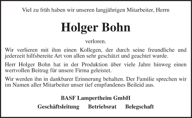 Traueranzeige für Holger Bohn vom 02.04.2016 aus trauer.echo-online.de