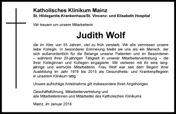 Traueranzeige von Judith Wolf von trauer.rmp.de