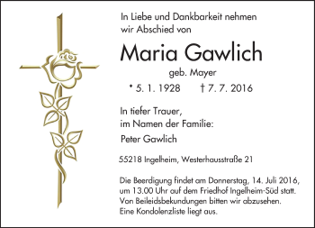 Traueranzeige von Maria Gawlich von Trauerportal Rhein Main Presse