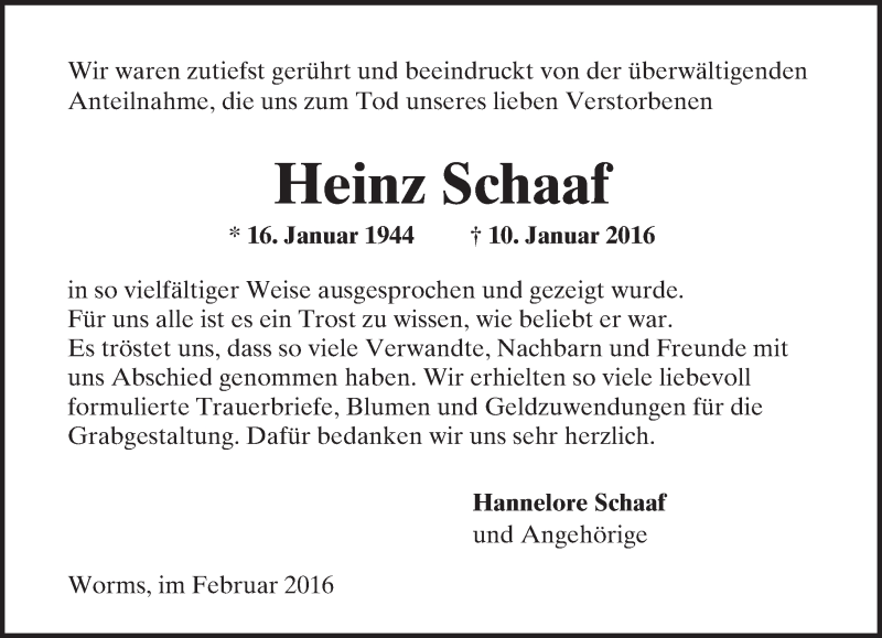  Traueranzeige für Heinz Schaaf vom 13.02.2016 aus  Wormser Zeitung