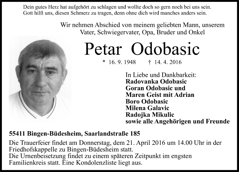  Traueranzeige für Petar Odobasic vom 19.04.2016 aus  Allgemeine  Zeitung Ingelheim-Bingen