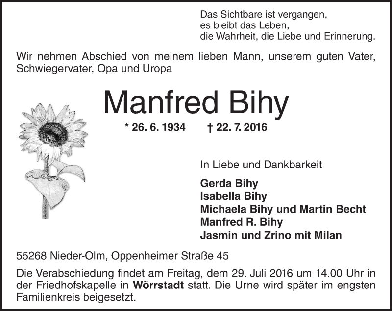  Traueranzeige für Manfred Bihy vom 26.07.2016 aus Trauerportal Rhein Main Presse