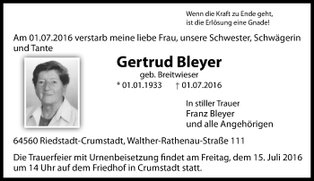 Traueranzeige von Gertrud Bleyer von Trauerportal Echo Online