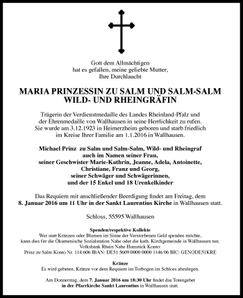 Traueranzeige von Maria  Prinzessin zu Salm und Salm-Salm Wild-und Rheingräfin von  Allg. Zeitung Bad Kreuznach