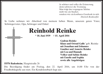 Traueranzeige von Reinhold Reinke von  Allgemeine  Zeitung Ingelheim-Bingen