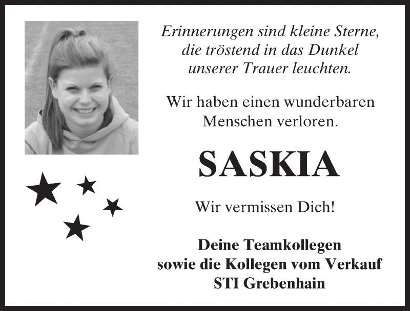  Traueranzeige für Saskia  vom 02.02.2016 aus  Kreisanzeiger