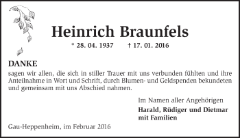 Traueranzeige von Heinrich Braunfels von  Allgemeine Zeitung Alzey