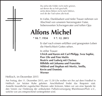 Traueranzeige von Alfons Michel von  Wormser Zeitung