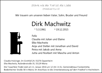 Traueranzeige von Dirk Machwitz von  Allgemeine Zeitung Mainz