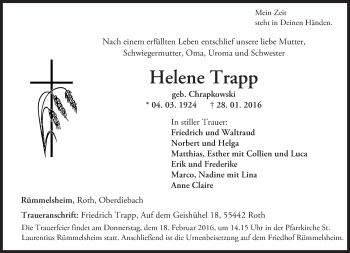 Traueranzeige von Helene Trapp von  Allgemeine  Zeitung Ingelheim-Bingen