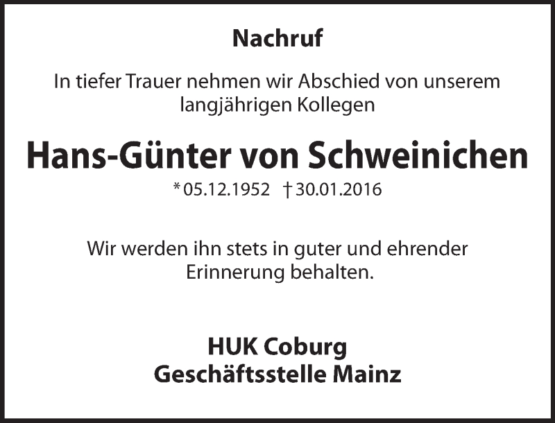  Traueranzeige für Hans-Günter von Schweinichen vom 17.02.2016 aus  Allgemeine  Zeitung Ingelheim-Bingen