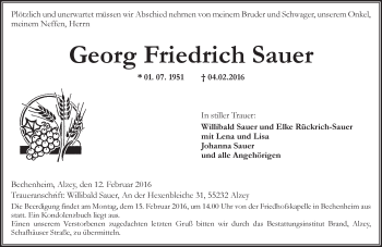 Traueranzeige von Georg Friedrich Sauer von  Allgemeine Zeitung Alzey