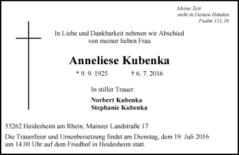 Traueranzeige von Anneliese Kubenka von Trauerportal Rhein Main Presse