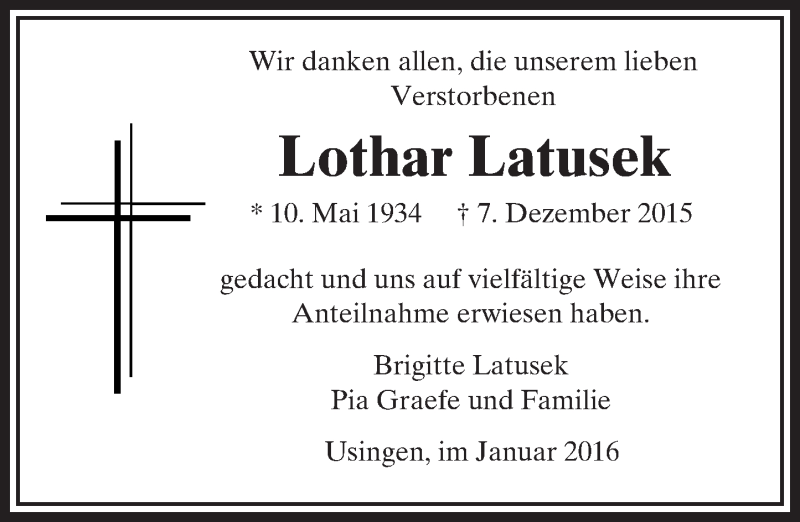 Traueranzeige für Lothar Latusek vom 02.01.2016 aus  Usinger Anzeiger