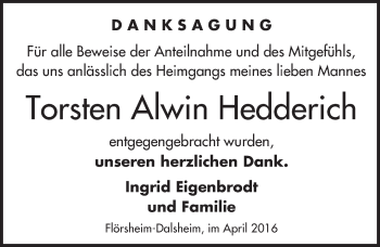 Traueranzeige von Torsten Alwin Hedderich von  Wormser Zeitung