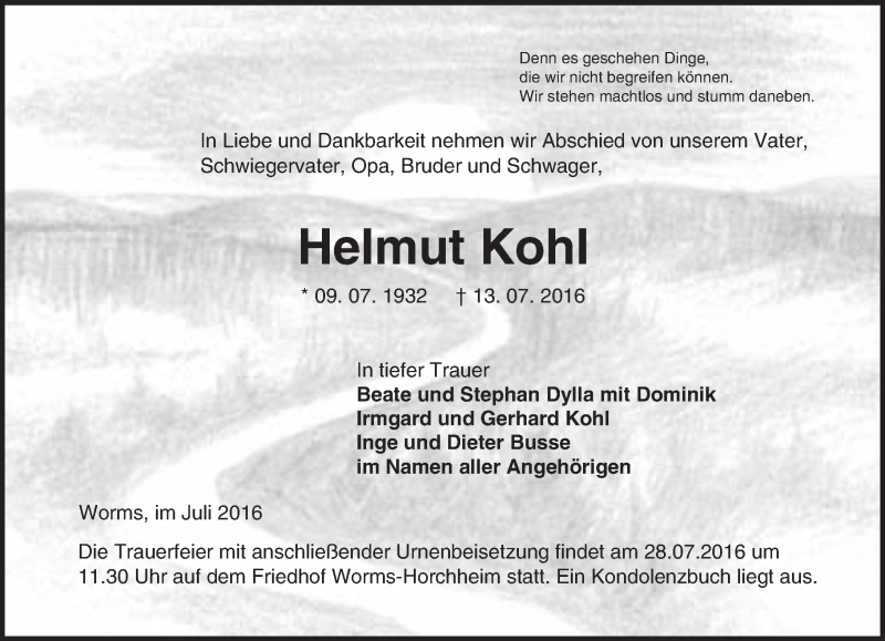  Traueranzeige für Helmut Kohl vom 25.07.2016 aus Trauerportal Rhein Main Presse
