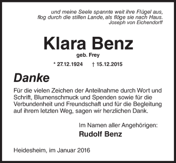 Traueranzeige von Klara Benz von  Allgemeine Zeitung Mainz