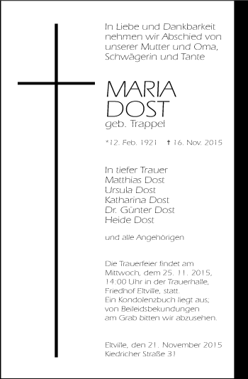 Traueranzeige von Maria Dost von  Rheingau