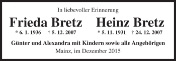 Traueranzeige von Frieda und Heinz Bretz von  Allgemeine Zeitung Mainz
