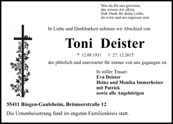 Traueranzeige von Toni Deister von  Allgemeine  Zeitung Ingelheim-Bingen