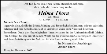 Traueranzeige von Helma Thorn von  Allgemeine Zeitung Alzey